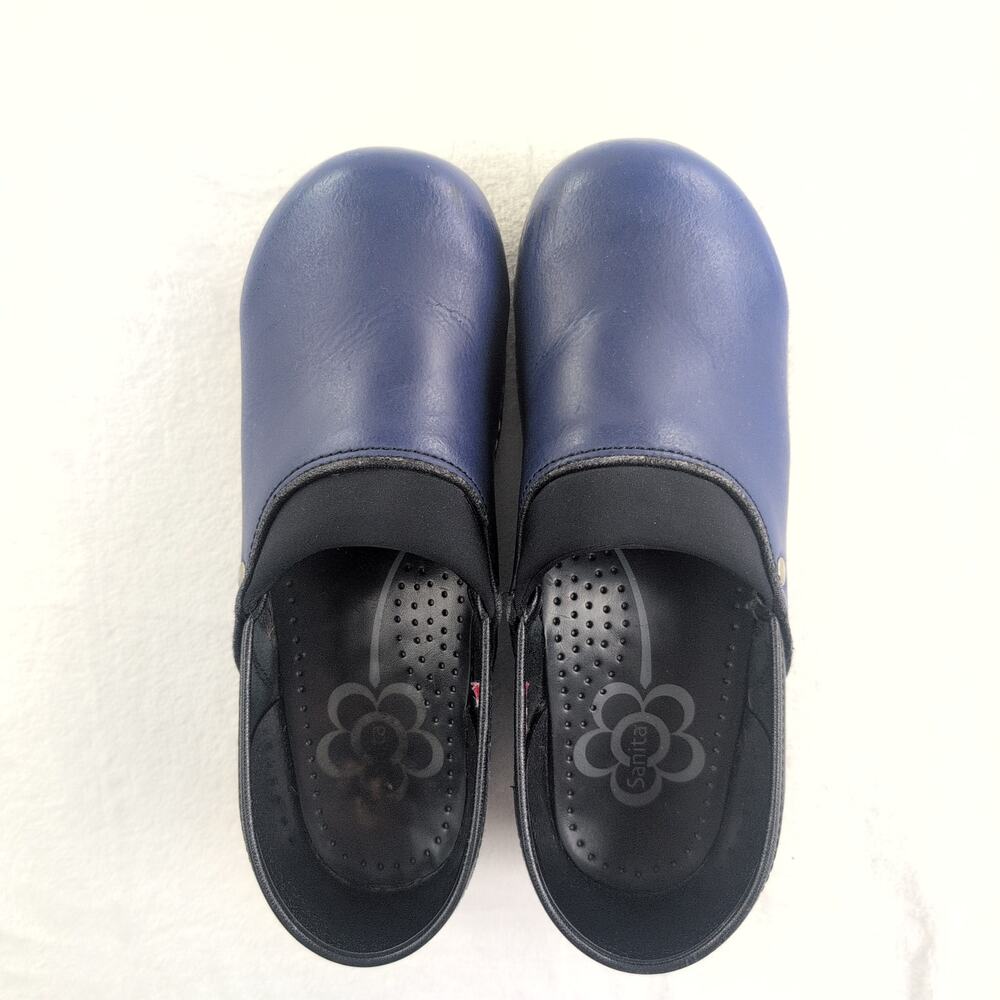 SANITA Rylan Smart Step SlipOn Indigo Leather Neoprene Professional Clogs Size 9